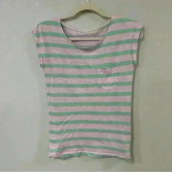 J. Crew Pink Green Striped 100% Linen T-Shirt - Picture 1 of 3